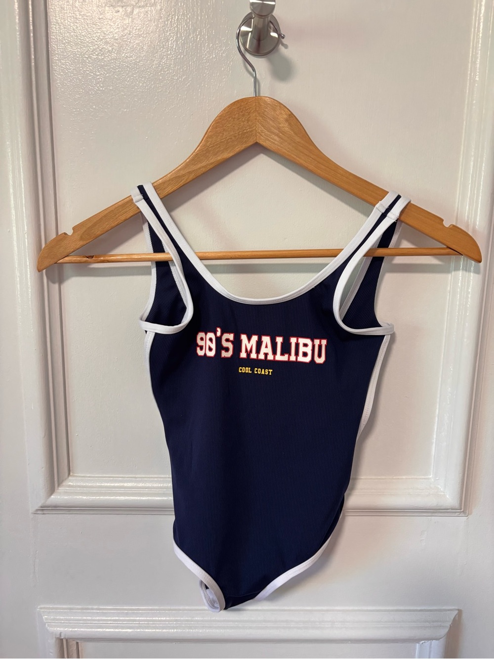 Zara Navy One-Piece Swimsuit with White Trim and Pink '90's Malibu' Text